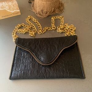 J J Winters, BLACK Italian Croco embossed leather clutch, crossbody. CUTE BAG.